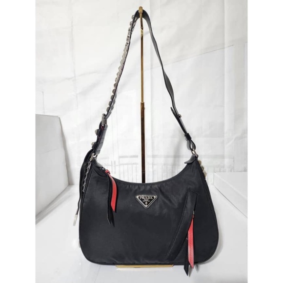 Authentic PRADA Tessuto Nylon Studded New Vela Hobo Bag Black - Picture 1 of 14